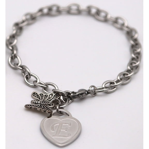 Stainless Steel Bracelet with Butterfly Charm  and Engraved Initials on Heart (Silver)