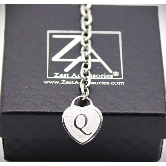 Stainless Steel Bracelet with Engraved Initials on Heart Charm (Silver)