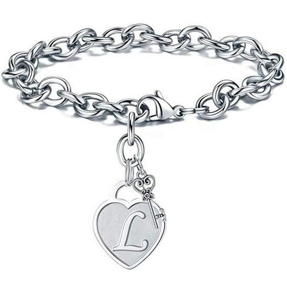 Stainless Steel Bracelet with Engraved Initials on Heart and Key Charm