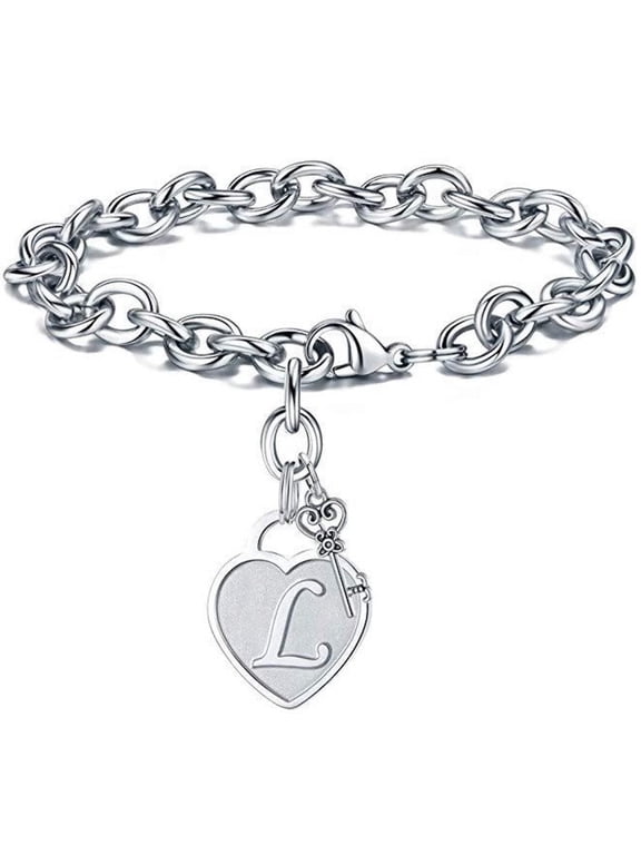 Stainless Steel Bracelet with Engraved Initials on Heart and Key Charm