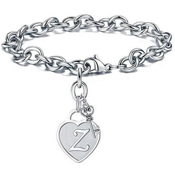 Stainless Steel Bracelet with Engraved Initials on Heart and Key Charm