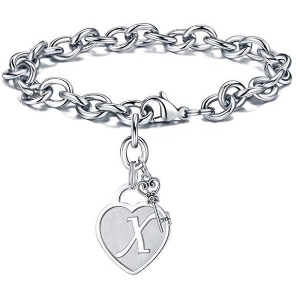 Stainless Steel Bracelet with Engraved Initials on Heart and Key Charm