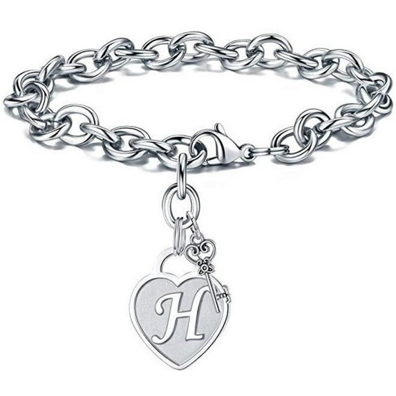 Stainless Steel Bracelet with Engraved Initials on Heart and Key Charm