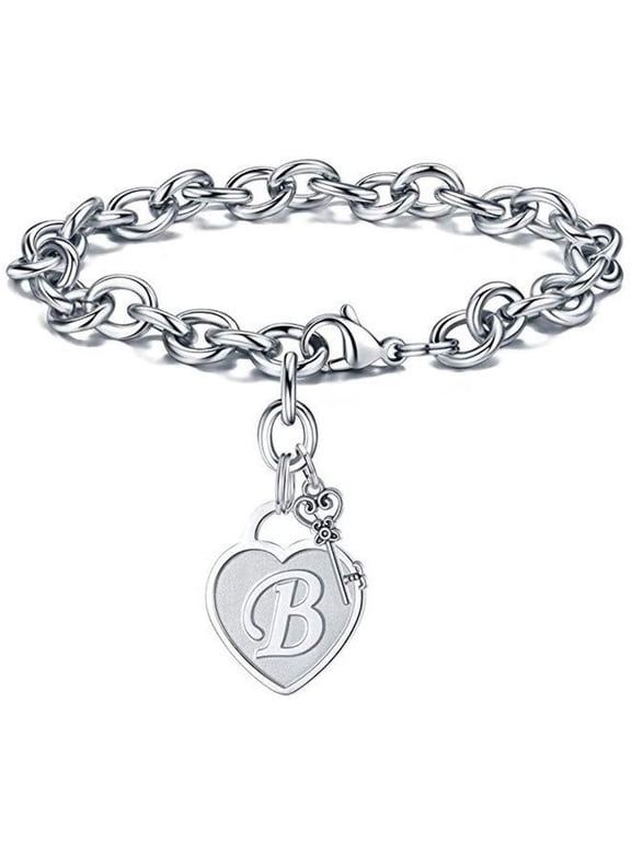Stainless Steel Bracelet with Engraved Initials on Heart and Key Charm