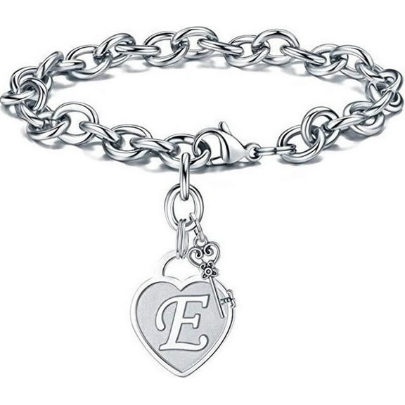 Stainless Steel Bracelet with Engraved Initials on Heart and Key Charm