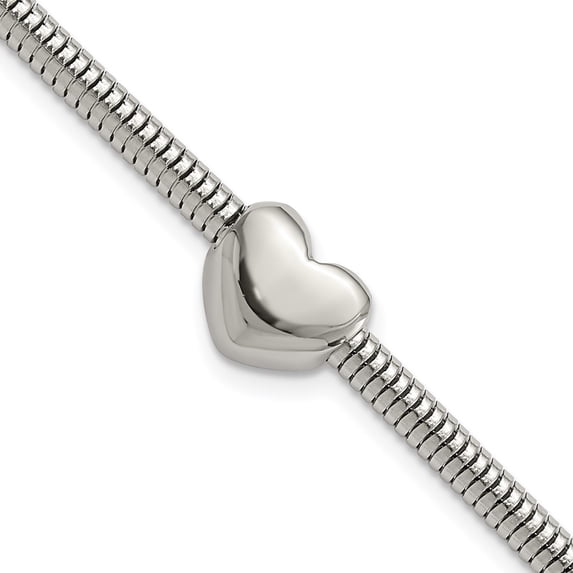 Stainless Steel Bracelet with station Snake Women's 9.3 mm 7.5 in Polished Heart Bead Chain 1in ext.