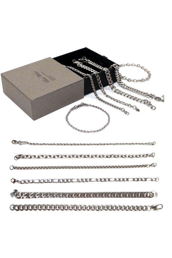 Stainless Steel Bracelet Set for Men & Women, 6PCS Cuban Link Rope Paperclip Chain Bracelets, Adjustable 7.5"/8.3"/9" Jewelry Set