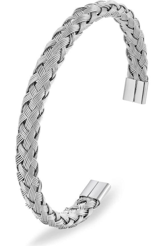 Stainless Steel Braided Cable Cuff Bangle Bracelet, Adjustable, Mens Womens, Minimalist