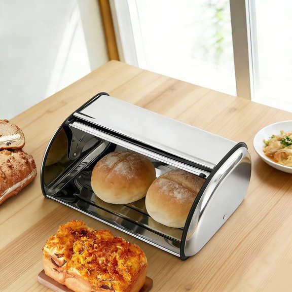 Stainless Steel Bread Box 17 Inch Large Capacity with Ventilation Holes, Mirror Finish Smudge-Proof Bread Storage Container for Kitchen Countertop, Holds 2+ Loaves & Pastries