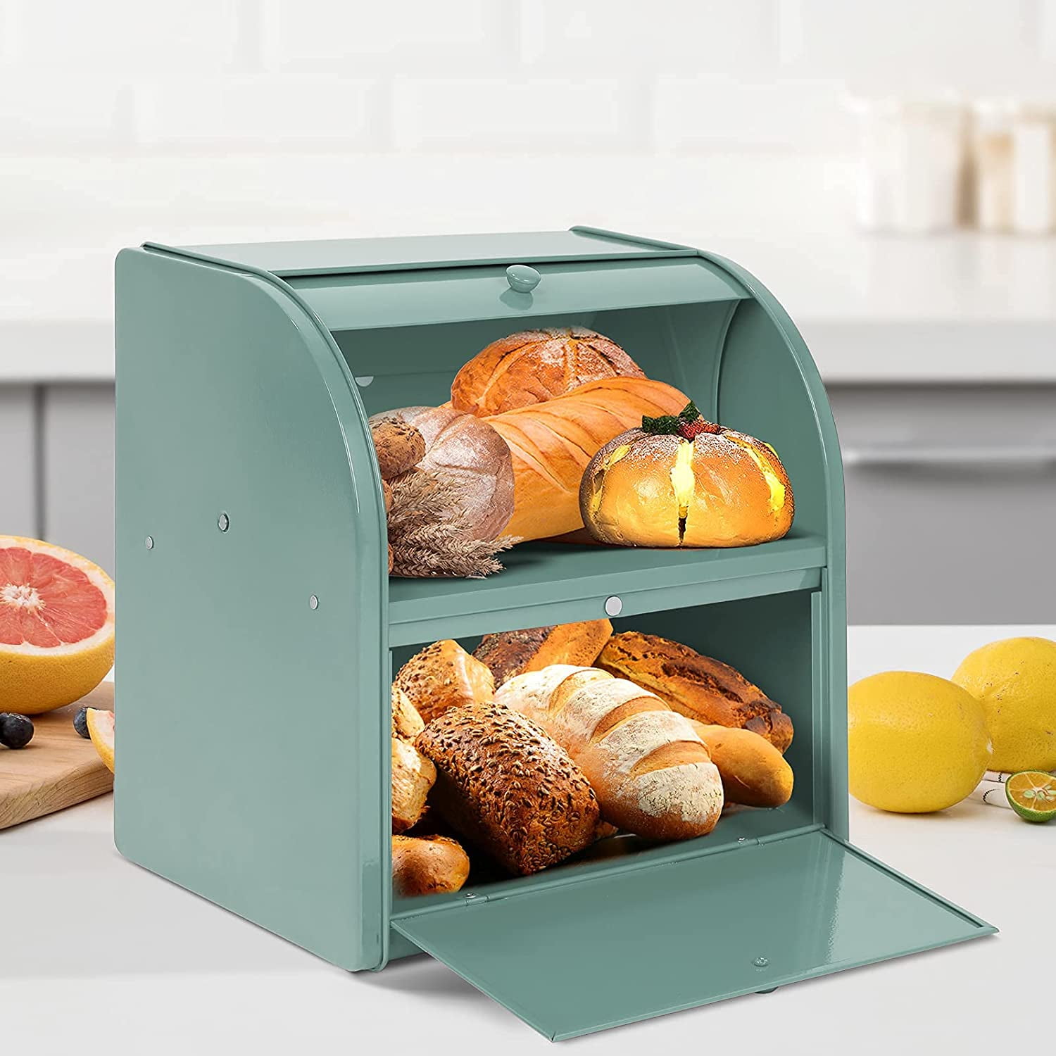 Stainless Steel Bread Box, 2 Layer Roll Top Bread Boxes, Large Capacity ...