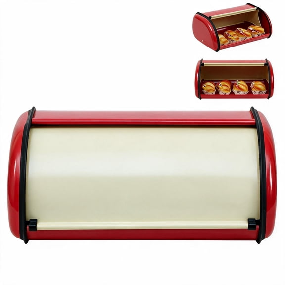 Stainless Steel Bread Box with Roll-Top Lid, Red and Yellow