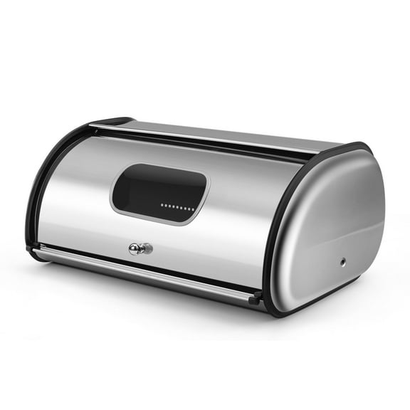 Stainless Steel Bread Loaf Box with Front Window (17 inch) Metal Roll Up Top Lid, Large Container Storage Holder Bin Keeper for Kitchen Counter Countertop Homemade Cake Bun Pastry Pancake Cookie
