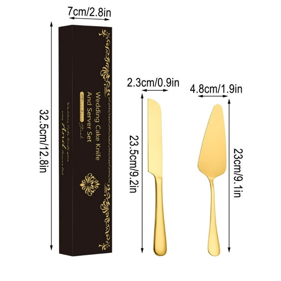 Stainless Steel Bread Slicing Knife Serrated Cake Cutter Cheese Pizza Server Two-Piece Gold Accented Culinary Tool Set Professional Kitchen Cutlery(Yellow)
