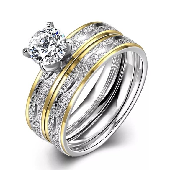 Stainless Steel Bridal Engagement Set Ring Gold Plated Rhinestone Women B442