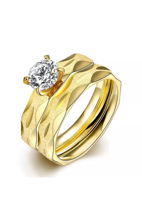 Stainless Steel Bridal Engagement Set Ring Yellow Gold Aaa Zirconia Women B439
