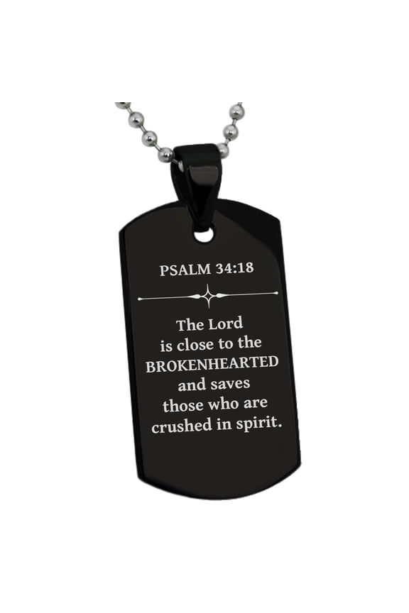 Stainless Steel Brokenhearted Psalm 34:18 Dog Tag Pendant Necklace