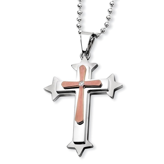 Stainless Steel Brown IP-plated Cubic Zirconia Cross Necklace 24 In - .01 dwt - Measures 32mm Wide
