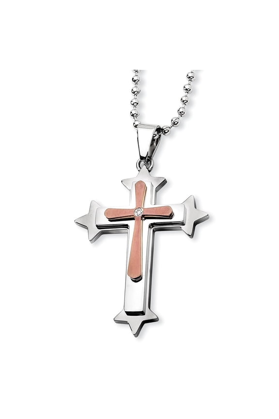 Stainless Steel Brown IP-plated Cubic Zirconia Cross Necklace 24 In - .01 dwt - Measures 32mm Wide
