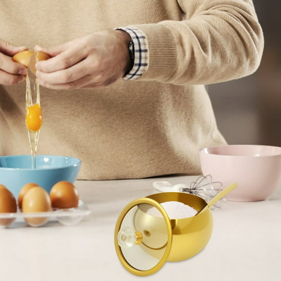 Stainless Steel Brown Sugar Bowl With Glass Lid and Spoon Anti Rust Coffee Bean Bowl Smooth Surface Sugar Cubes Dispenser for Home Hotel Office Cafe