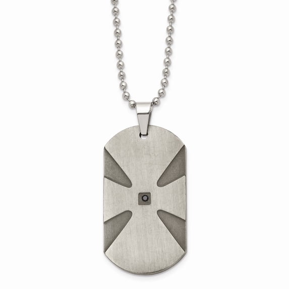 Stainless Steel Brushed .03ct Black Diamond Dog Tag Necklace; 24 inch; for Adults and Teens; for Women and Men