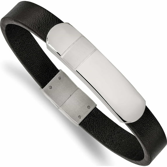 Stainless Steel Brushed And Polished Black Leather 8.5In Id Bracelet (8.5 X 9.9) Made In China -Jewelry By Sweet Pea
