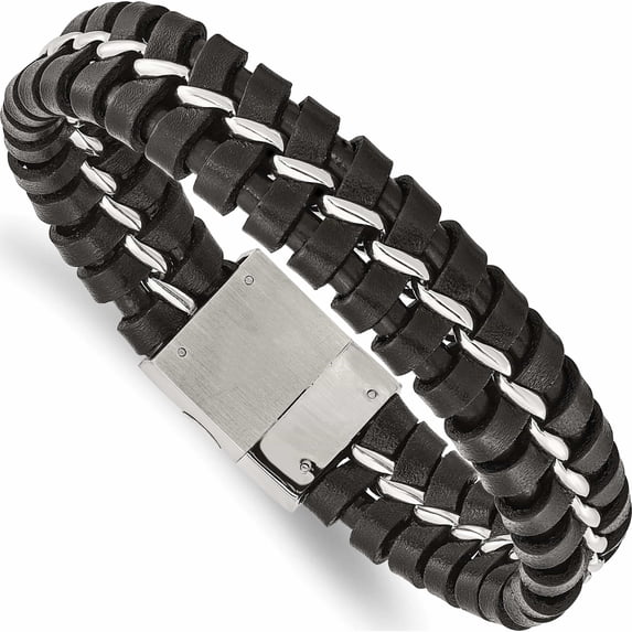 Stainless Steel Brushed And Polished Black Leather 9In Bracelet (9 X 16) Made In China -Jewelry By Sweet Pea