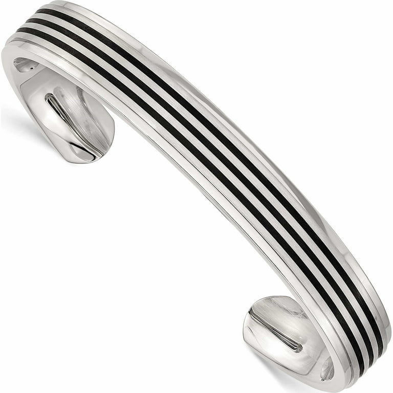 Stainless Steel Brushed And Polished Black Rubber Inlay Cuff Bangle Made In  China -Jewelry By Sweet Pea