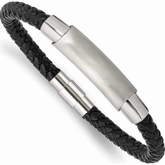 Stainless Steel Brushed And Polished Braided Black Leather 8.25In Bracelet (8.25 X 6) Made In China -Jewelry By Sweet Pea