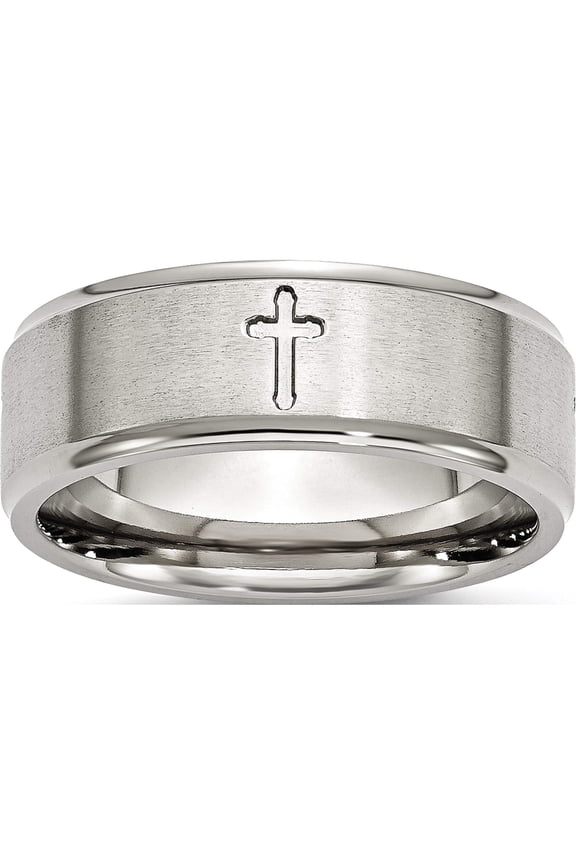 Chisel Stainless Steel Brushed and Polished Cross 8mm Ridged Edge Band