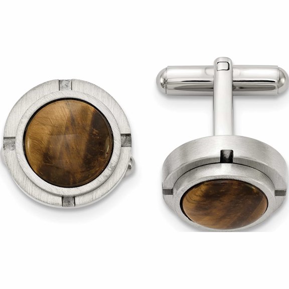 Stainless Steel Brushed And Polished With Tiger\'s Eye Circle Cufflinks (23 X 17.3) Made In China -Jewelry By Sweet Pea