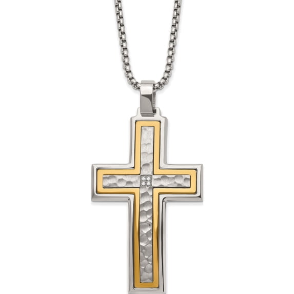 Stainless Steel Brushed And Polished Yellow Ip With Cz Cross 24In Necklace (24 X 30.2) Made In China srn2963-24