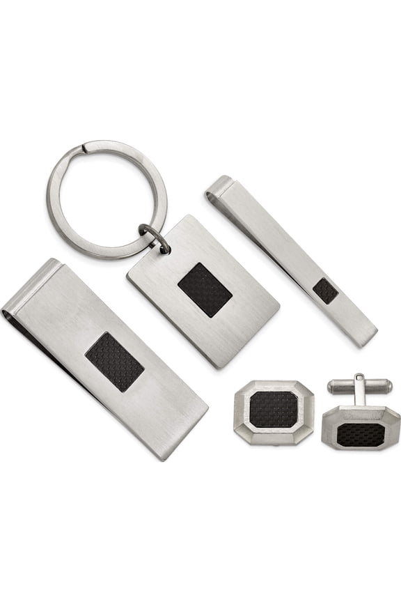 Chisel Stainless Steel Brushed Black Carbon Fiber Inlay 4-piece Key Ring, Money Clip, Cuff Link and Tie Bar Boxed Set