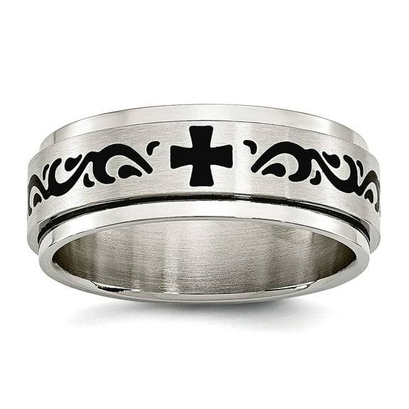 Stainless Steel Brushed Black Enamel Swirl Design Ring Size 9.5 8mm Wide <mm Thick Ring for Women