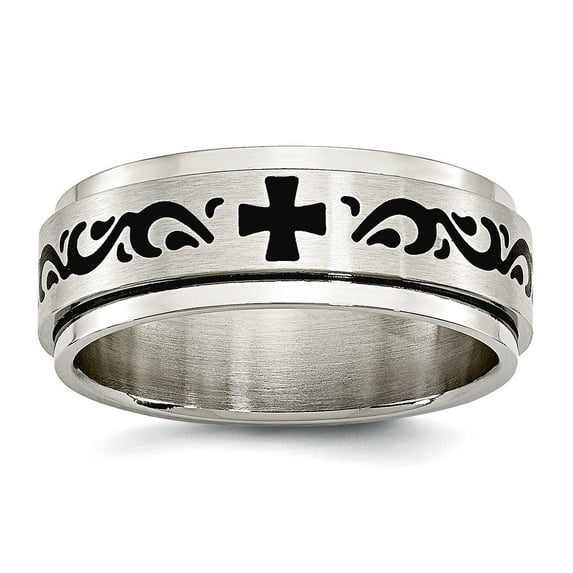 Stainless Steel Brushed Black Enamel Swirl Design Ring Size 9.5 8mm Wide