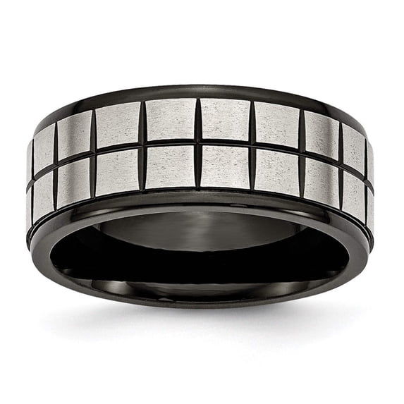 Stainless Steel Brushed Satin and Black Plated 9mm Band Ring Size 10.5 - Jewelry Gift for Mom