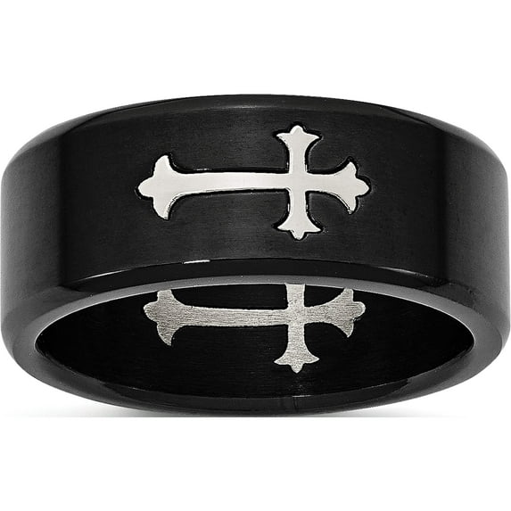 Stainless Steel Brushed Black Ip-Plated With Cross 9mm Band (Size 8) Made In China sr213-8