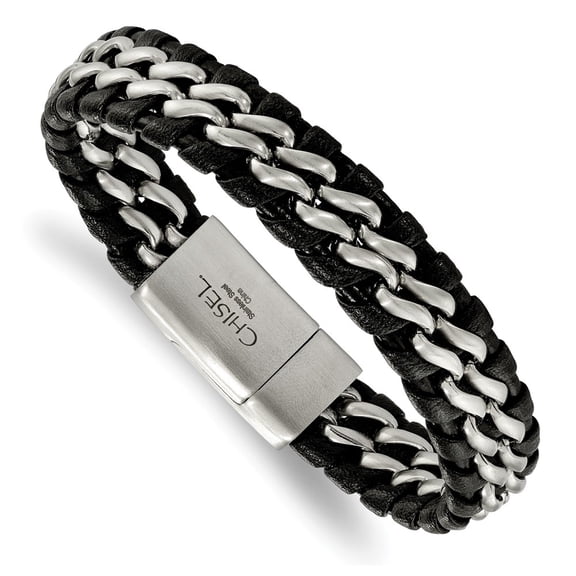 Stainless Steel Brushed Black Leather 8.5in Chain ; 8.5 inch; for Adults and Teens; for Women and Men