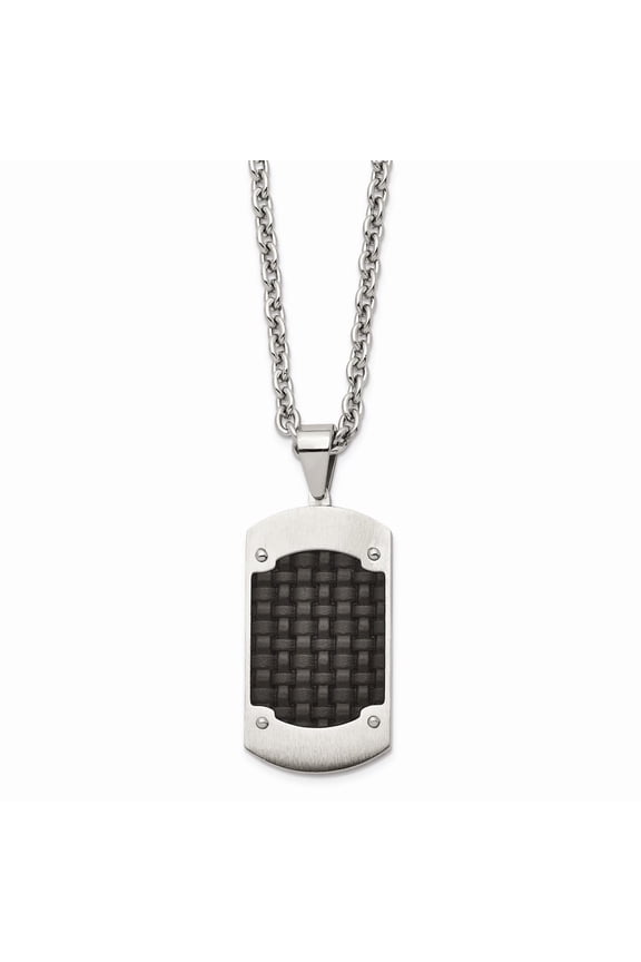 Stainless Steel Brushed w/Black Leather Inlay Dog Tag 24in Necklace
