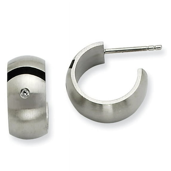 Stainless Steel Brushed Black Rubber w/ CZ Post Hoop Earrings Stainless Steel Earrings