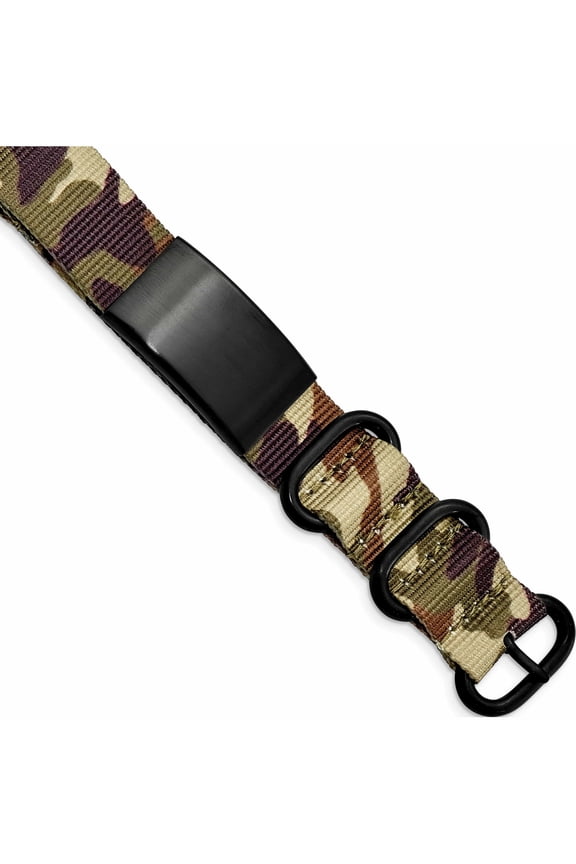Stainless Steel Brushed Blk IP Brown Camo Fabric Adjustable ID Bracelet