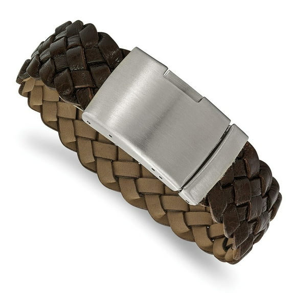 Stainless Steel Brushed Brown Leather Bracelet - 9 Inch