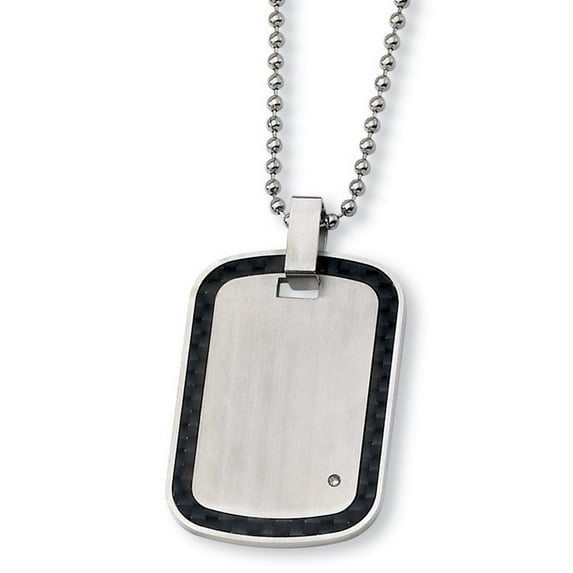 Stainless Steel Brushed Fancy Lobster Closure Carbon Fiber Diamond Accent Necklace 24 Inch Measures 28mm Wide - Pendant