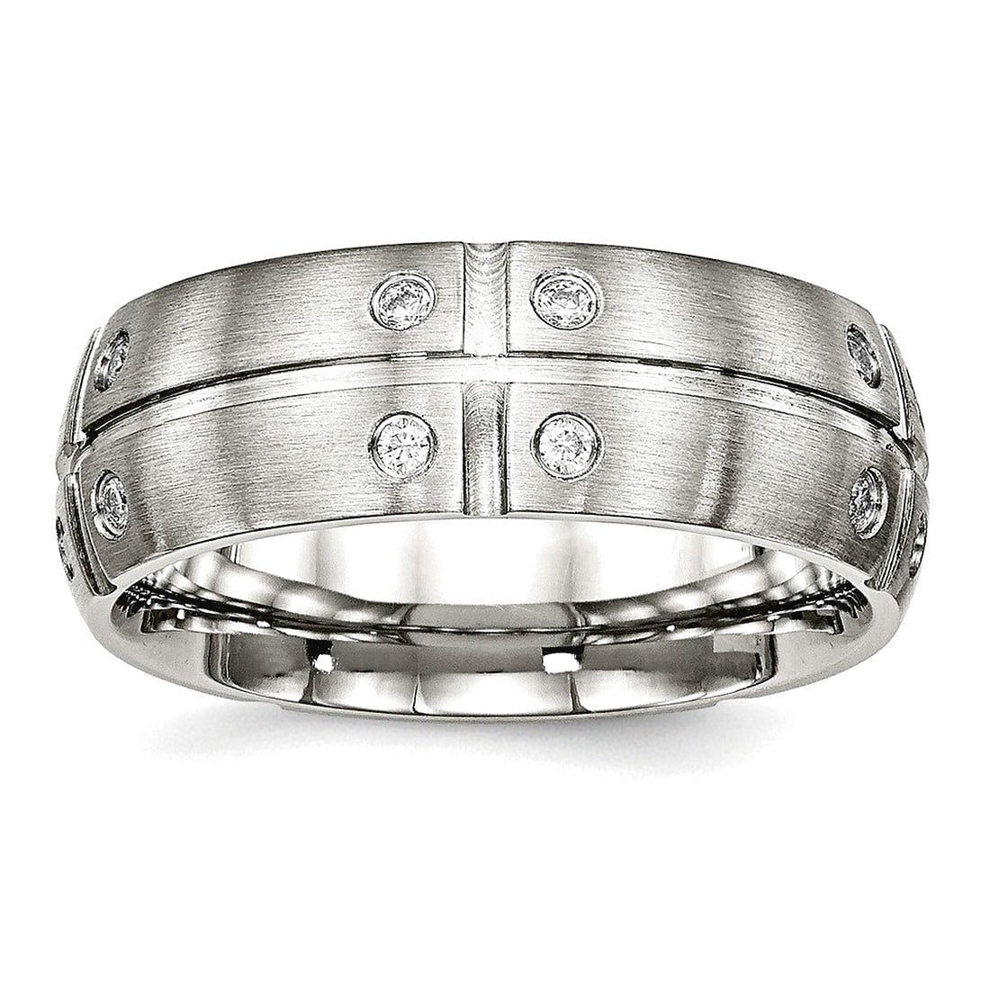 8mm Stainless Steel Brushed Half Round Grooved Cubic Zirconia Ring Size 8 Ring for Women