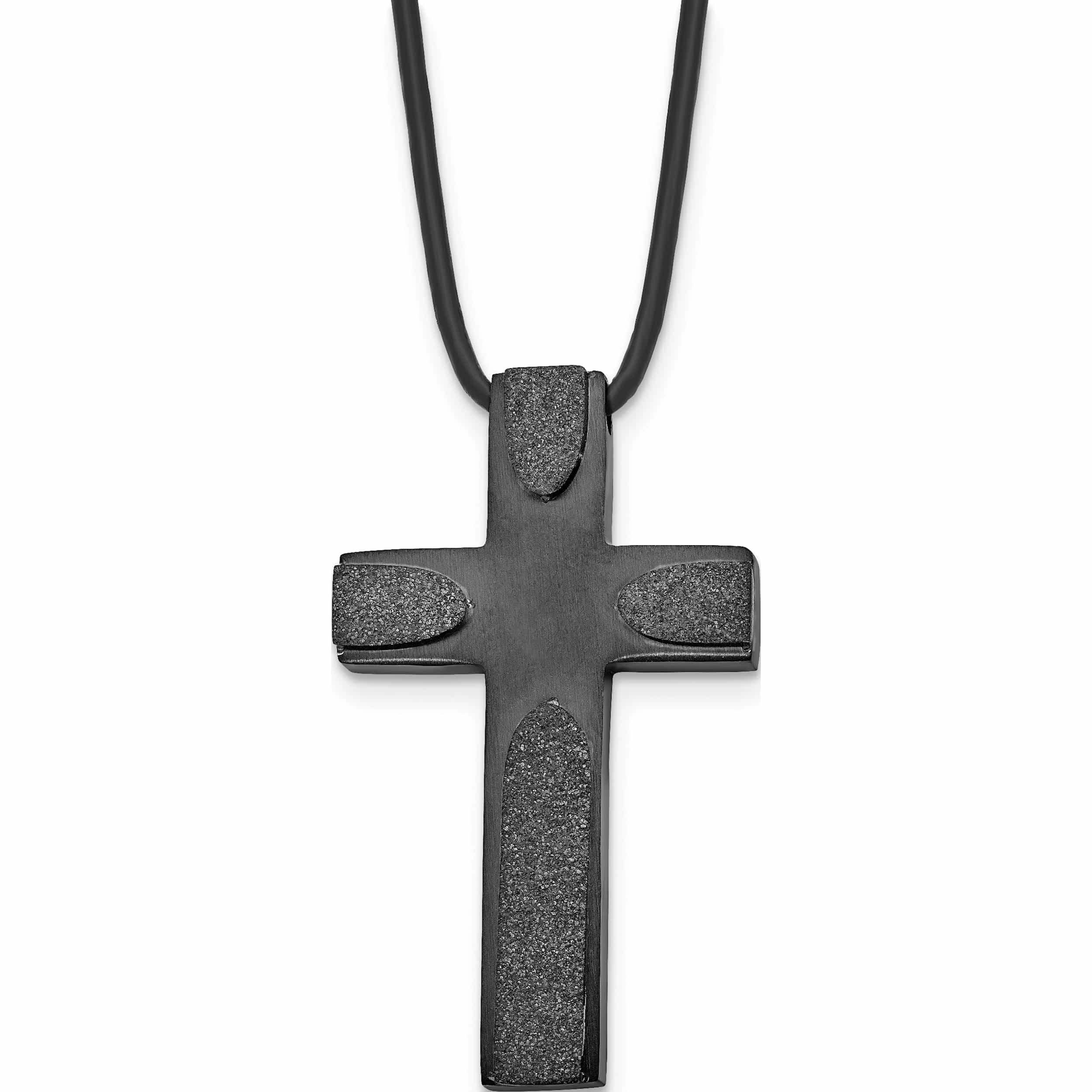 Stainless Steel Brushed Lasercut Blk Ip Cross 20In Leather Cord Necklace (20 X 25.5) Made In China -Jewelry By Sweet Pea