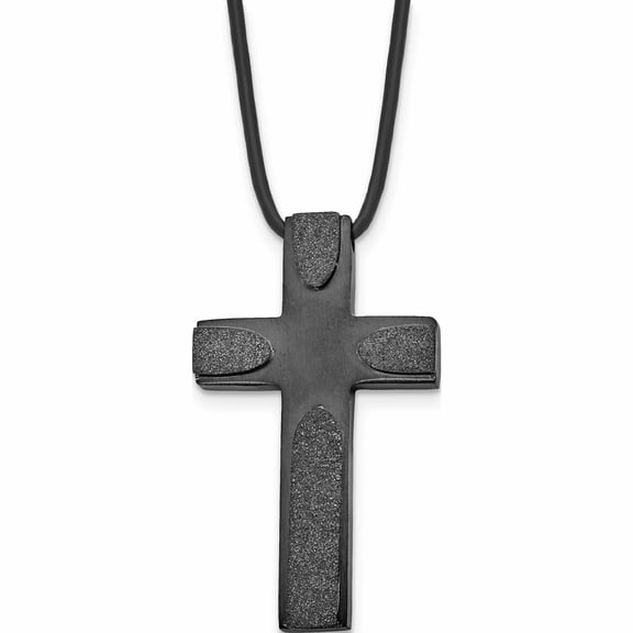 Jewelry by Sweet Pea Stainless Steel Brushed LaserCut Blk IP Cross 20in Leather Cord Necklace