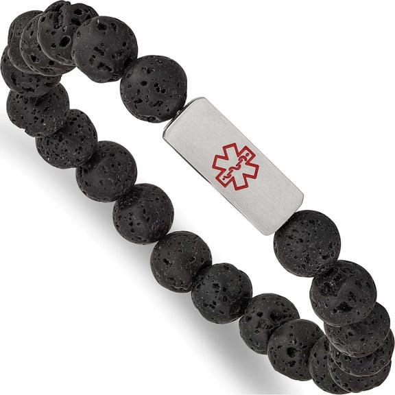 Stainless Steel Brushed Medical Id Lava Stone Stretch Bracelet (6 X 8.6) Made In China -Jewelry By Sweet Pea