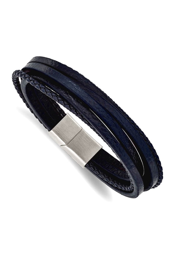 Stainless Steel Brushed Multi Strand Navy Blue Leather Bracelet 8 Inch Strand Bracelet for Women