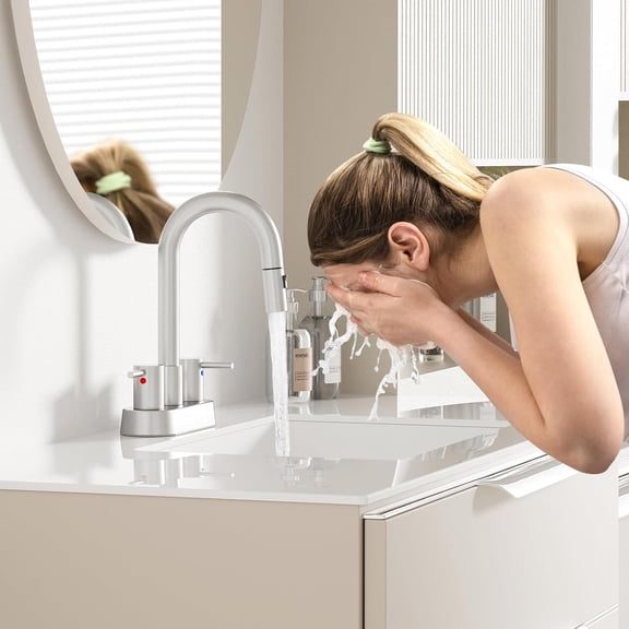 Stainless Steel Brushed Nickel Bathroom Faucet with Pull Out Sprayer, Dual-Function Spout Bathroom Sink Faucets, 4 Inch Two Handle Utility Sink Faucet with Sprayer 3 Hole, Pet Shower, RVs