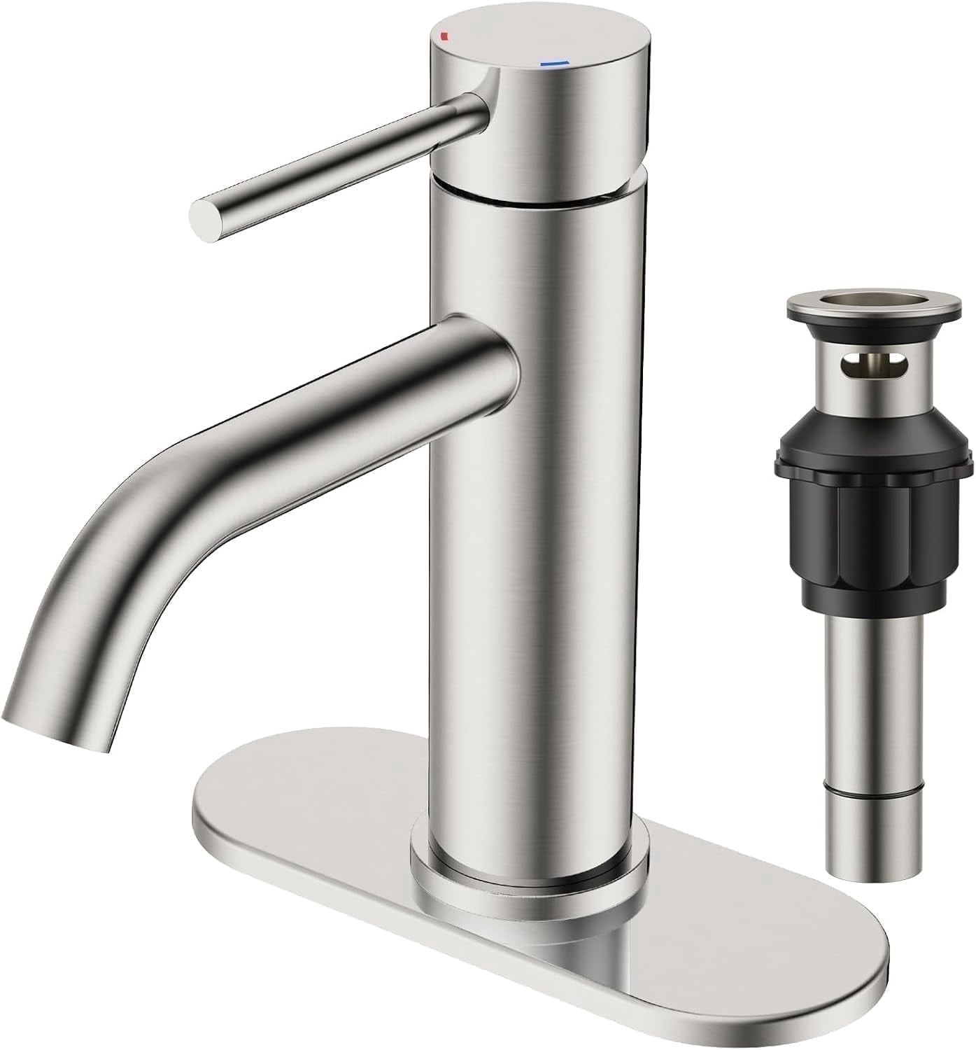 TVOFEK Brushed Nickel Bathroom Faucet 3 Hole, Single Handle Bathroom Sink Faucets with Metal Pop up Drain, Deck Plate and Supply Hoses for Vanity RV Restroom