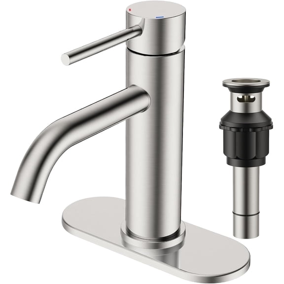 TVOFEK Brushed Nickel Bathroom Faucet 3 Hole, Single Handle Bathroom Sink Faucets with Metal Pop up Drain, Deck Plate and Supply Hoses for Vanity RV Restroom